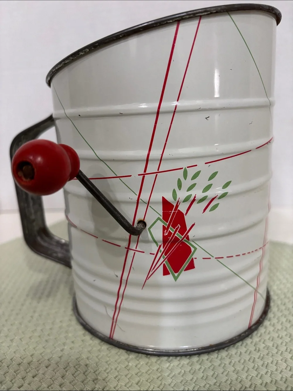 Vintage Hand Crank Flour Sifter - White with Red Accents